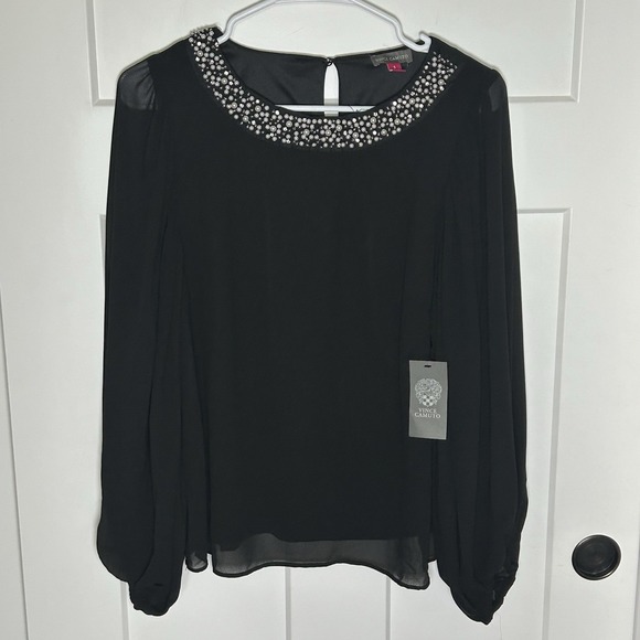 *NWT* Vince Camuto Pearl Beaded Collar Black Blouse Sheer Sleeve- Women's SMALL - Picture 3 of 10